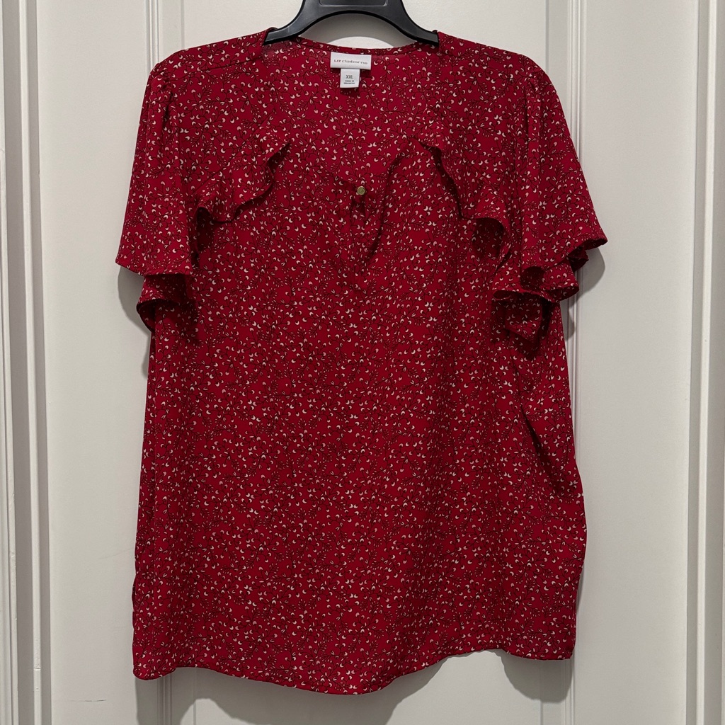 Liz Claiborne Red Floral Blouse With Flutter Sleeve Xxl
